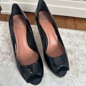 Vince Camuto Glossy Black Peep-Toe Heels
